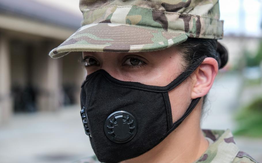 Tech. Sgt. Jessica Smith of the 51st Communications Squadron wears a valved face mask at Osan Air Base, South Korea, Tuesday, Sept. 1, 2020.