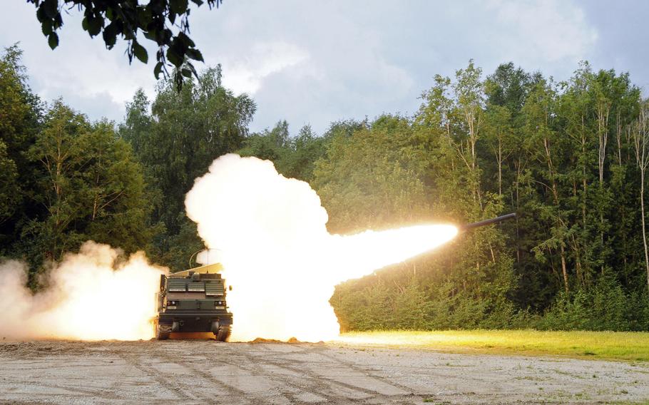 An M270A Multiple Launch Rocket System crew from Bravo Battery, 1st Battalion, 6th Field Artillery Regiment fires reduced-range practice rounds over the Estonian training area in Tapa on Sept. 5, 2020, during the Rail Gunner Rush exercise. The exercise was the first live-fire drill outside Germany for the 41st Field Artillery Brigade since they were reactivated in Nov. 2018.