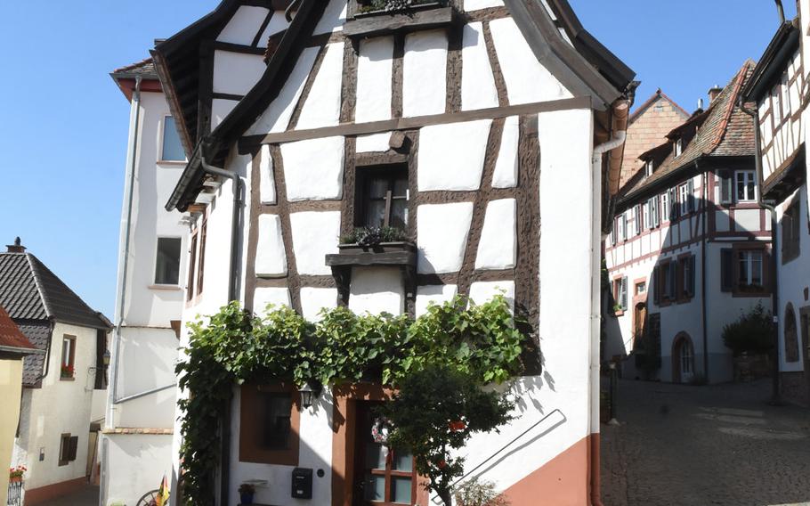 This half-timbered house stands at a crossroads in the 800-year-old wine village of Neuleiningen, Germany, the starting point of the second and longest stage of the Pfalz Wine Trail, a hiking path that traverses about 105 miles through vineyards, rolling hills and forest from Bockenheim to the German Wine Gate in Schweigen-Rechtenbach.