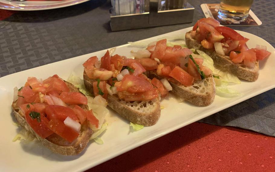 The bruschetta with tomatoes and onions is a light start before the heaping main meals at Pizzeria Santa Lucia II in Grafenwoehr, Germany.