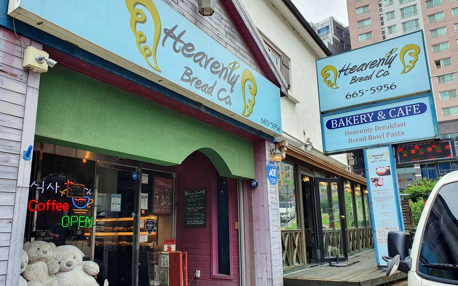 The homey exterior of Heavenly Bread near Osan Air Base, South Korea, extends inside to a cosy dining area.