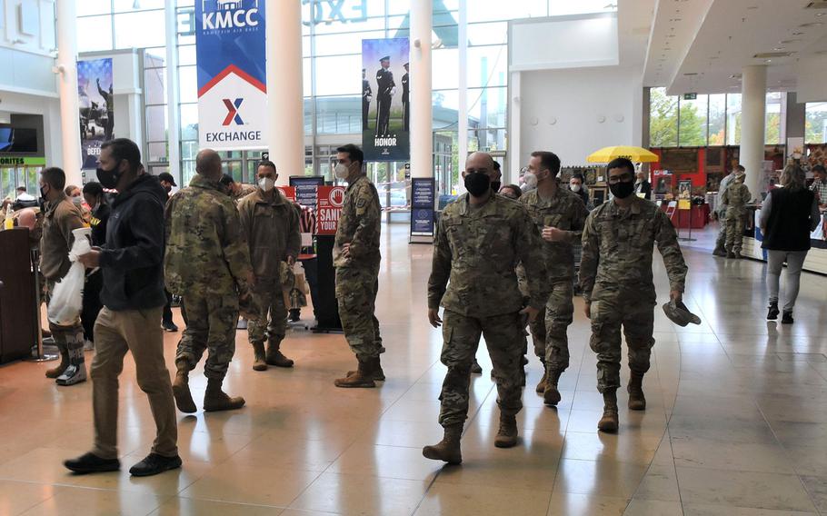 U.S. military personnel visit the Kaiserslautern Military Community Center Oct. 6, 2020, at Ramstein Air Base, Germany. The U.S. military community is emerging as a hotspot for new coronavirus infections in the Kaiserslautern area, where the health warning system was elevated on Oct. 9, 2020, to the second-highest level after a sudden spike in cases, district officials said.