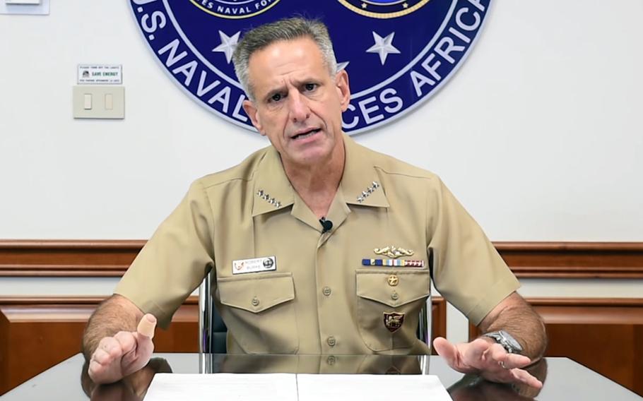 Adm. Robert Burke, commander of Naval Forces Europe and Africa, talks about closing schools in Naples and Sigonella, Italy, beginning Friday, in a video posted on Facebook, Nov. 5, 2020.