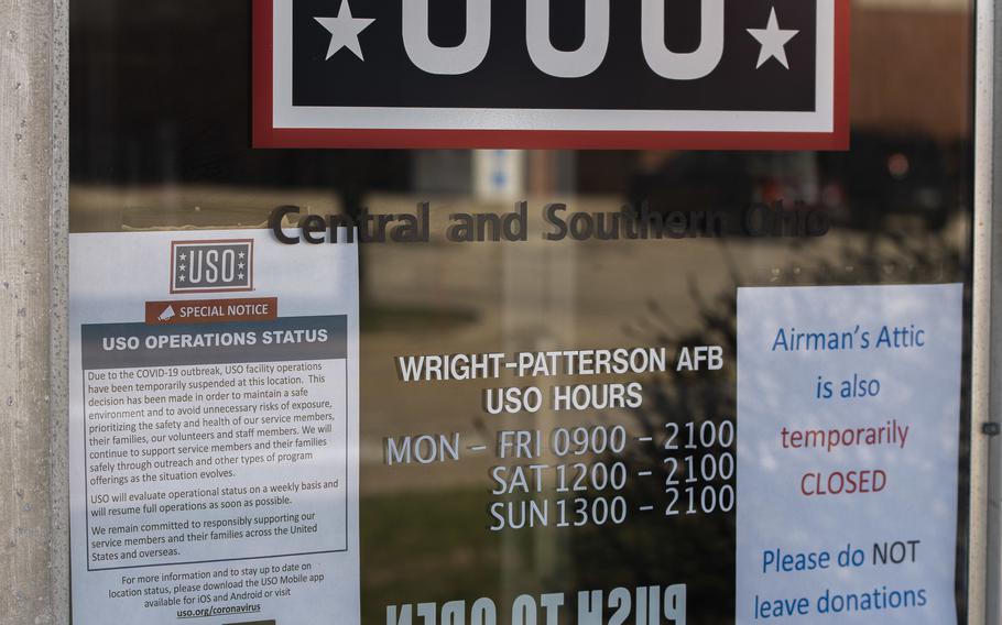 Signs alert customers of the USO and Airman’s Attic closure due to COVID-19 at Wright-Patterson Air Force Base, Ohio, March 25, 2020. In an effort to reduce the spread of COVID-19 during the pandemic, these offices were closed until reopening again can be done safely.