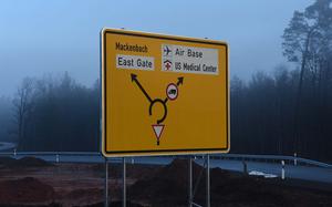 Signage directs motorists through a new traffic circle outside of the east gate of Ramstein Air Base, Germany. Part of the circle will open on Saturday, Feb. 17, 2018.

Jennifer H. Svan/Stars and Stripes
