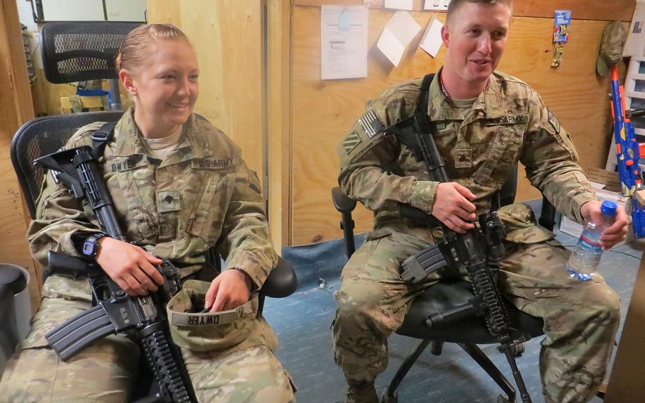 Married couple Spc. Amanda Dwyer and Sgt. Jonathan Dwyer, with the Special Troops Battalion, 4th Brigade Combat Team, spent more than half their 12 months together at Forward Operating Base Shank in eastern Afghanistan in 2013.