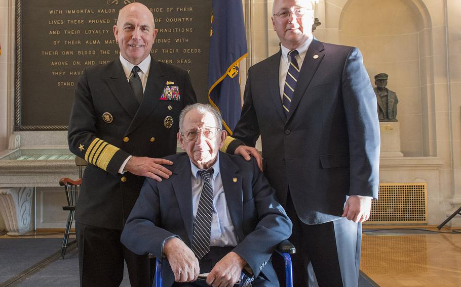 Adm. Kurt Tidd, left, is joined by his older brother, retired Rear Adm. Mark Tidd, right, and his father, retired Vice Adm. Emmett H. Tidd, seated, on the day he received his fourth star, Jan. 2, at the U.S. Naval Academy in Annapolis, Md. He will take over U.S. Southern Command on Jan. 14.