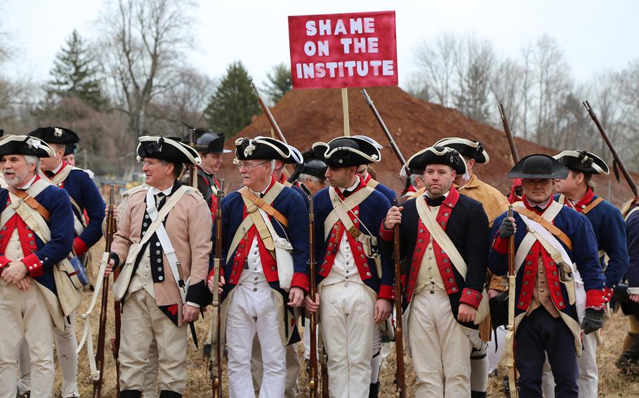 Re-enactors gather on the Princeton Battlefield in New Jersey on Feb. 20, 2016, to protest plans by the Institute for Advanced Study to develop Maxwell's Field, a 22-acre tract that witnessed Gen. George Washington's famous counterattack during the Battle of Princeton on Jan. 3, 1777.