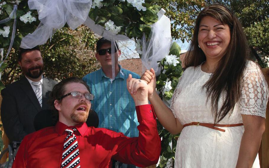 Minie and Anson Curry renewed their vows at the Palo Alto Fisher House, where Minie lived for 9 months during Anson's treatments.