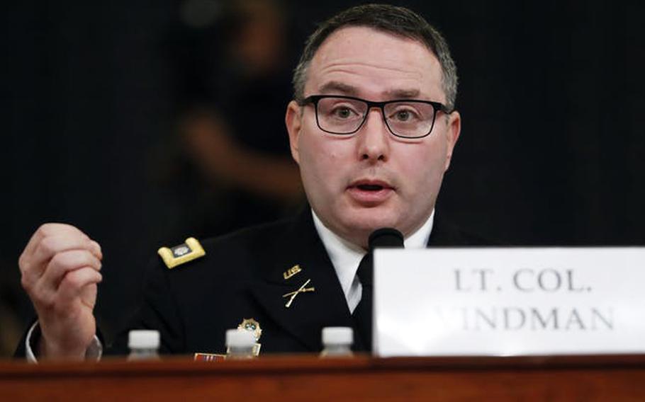 Lt. Col. Alexander Vindman testifies before the House Intelligence Committee in November, 2019.