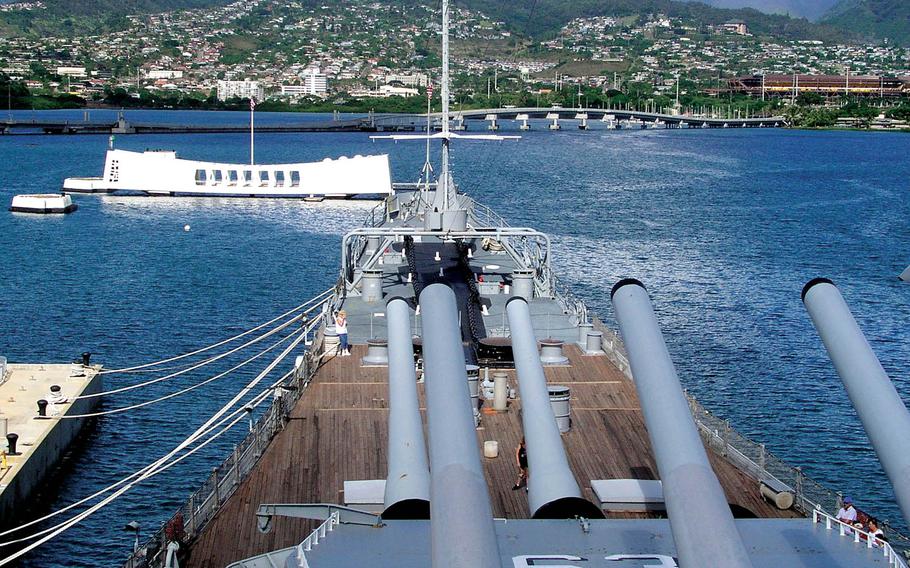 61p bs
The Battleship Missouri's massive turrets are shown pointing  toward the Arizona Memorial at Pearl Harbor, Hawaii, in this undated photo.  (AP Photo/Katherine Nichols)