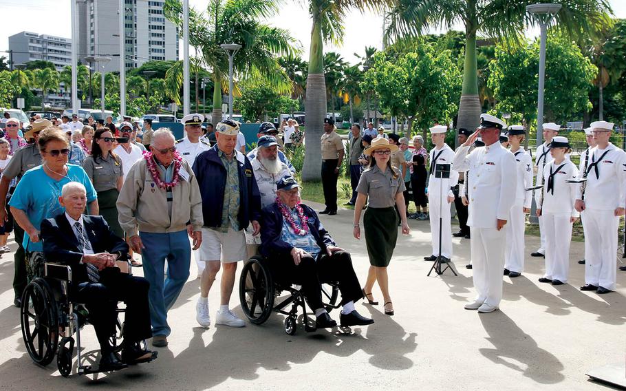 148p cs
Four of the nine remaining survivors of the USS Arizona arrive at the Pearl Harbor Visitor Center in Honolulu Tuesday, Dec. 2, 2014, for a news conference. They will gather at the USS Arizona Memorial Sunday, on the 73rd anniversary of the Dec. 7, 1941, attack on Pearl Harbor, for what they've agreed will be the last official gathering of the group. From left are John Anderson, Donald Stratton, Louis Conter and Lauren Bruner.

Wyatt Olson/Stars and Stripes
