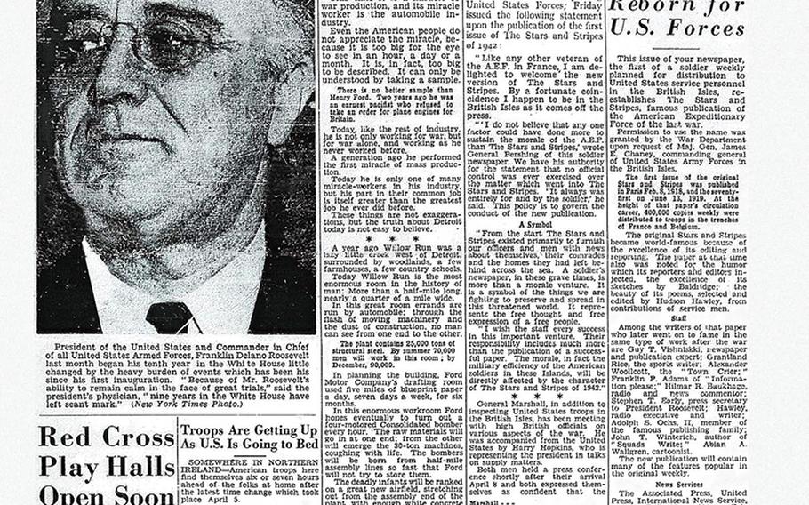 The front page of the first Stars and Stripes printed in World War II. Printed in London, England and published on April 18, 1942.