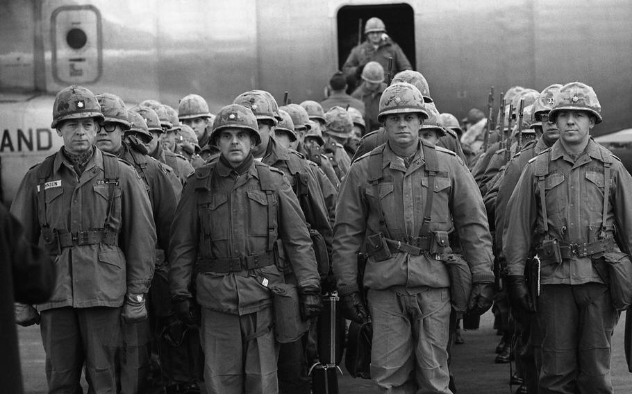 The advance party for training exercise Reforger I arrives at Rhein-Main Air Base in Germany, Jan. 6, 1969.
