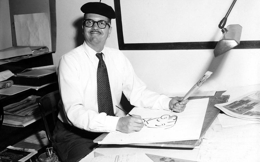 Dick Wingert, creator of the Hubert cartoon, sketches his favorite character. Dick, who is touring Europe with his wife Lee and two daughters, began drawing Hubert in 1942, when he was a member of the London edition of Stars and Stripes. 