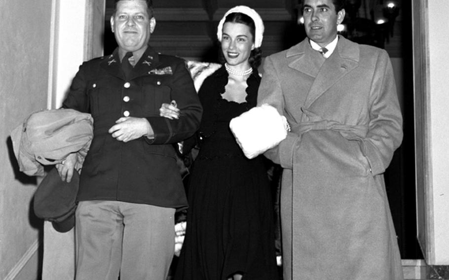 Newlyweds Tyrone Power, right, and Linda Christian at a military facility in southern Germany in February, 1949.