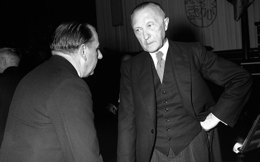 The two parliamentary houses of the new Federal Republic of Germany met in organizational sessions and cleared the way for debate today. Dr. Konrad Adenauer, right, leader of the Christian Democrats, Western Germany's strongest party, is expected to become chancellor of the new state. 