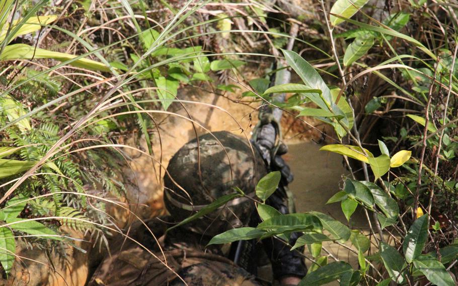 A Marine from Company I's weapons platoon creeps through the mud and jungle foliage during the Jungle Warfare Training Center's E-Course in March 2015.