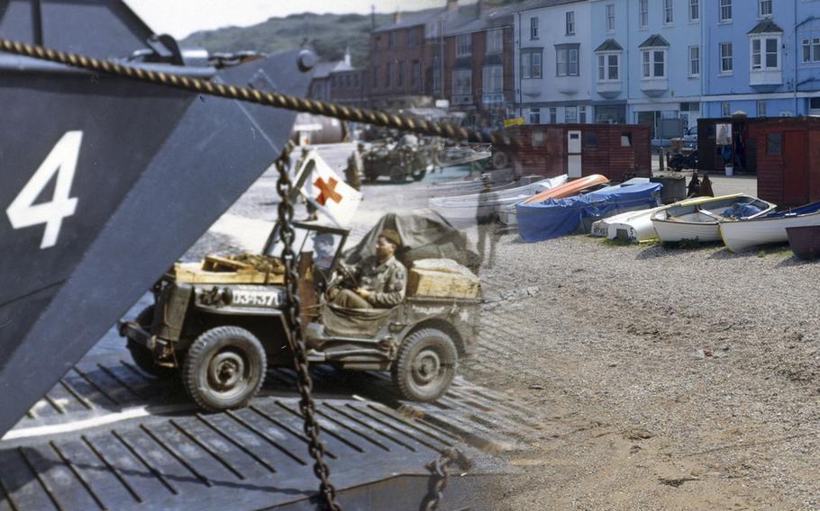 Modern day photo of a D-Day embarkation point at the Portland harbor in Dorset, England, May 12, 2019, blended with an image of jeeps being driven into the open doors of a tank landing craft at the same location in preparation for D-Day in June 1944. Soldiers of the 1st Infantry Division, known as The Big Red One, dubbed Portland the biggest little port in the world.