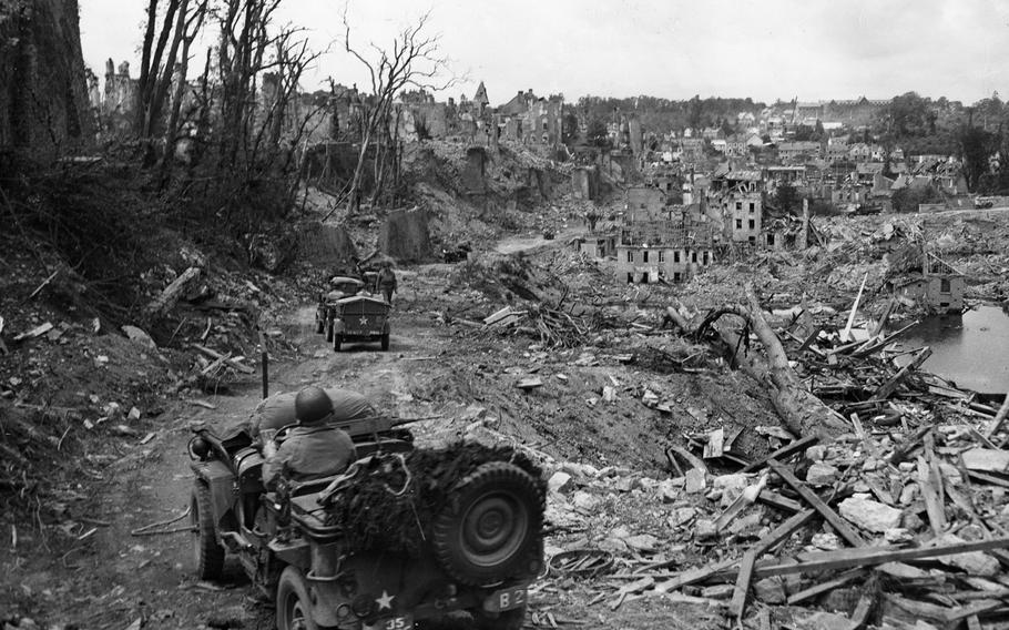 The French town of Saint-Lo is left in rubble and ruin following some of the bitterest fighting in World War II. The town was 95% destroyed before it was captured from Germans on July 18, 1944. The victories in Normandy and Northern France paved the way for the Allies triumphant entry into Paris in August 1944.