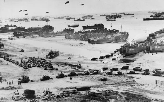 A bird’s-eye view of Allied troops landing in Normandy, France, on D-Day, June 6, 1944.
