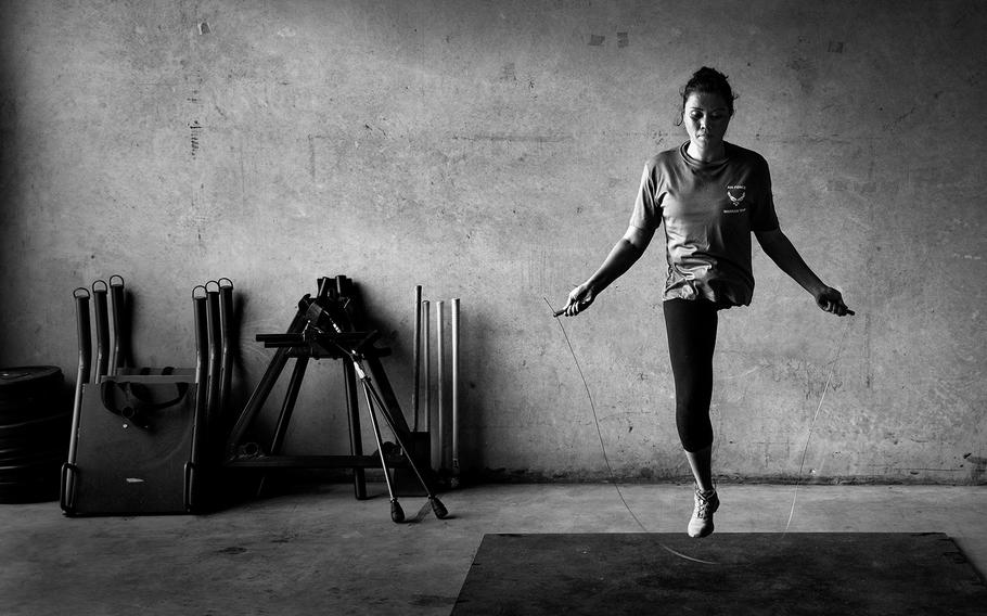 SPORTS, 1ST PLACE | U.S. Air Force wounded warrior, Capt. Sarah Evans, jumps rope in a gym in San Antonio, Texas. Evans was diagnosed with cancer while deployed to Afghanistan and was medically evacuated back to the United States where her leg was amputated.