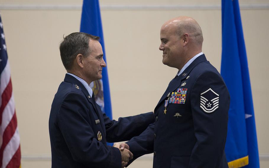 Maj. Gen. Harry Polumbo, Ninth Air Force Commander, presented Master Sgt. Thomas Case, Tactical Air Control Party Airman, 18th Air Support Operations Group, with his second Silver Star medal, Nov. 13 at Pope Army Airfield, N.C. Case received the medal for gallantry in action during a 2009 deployment to Afghanistan. The Silver Star medal is the U.S. militaryâ€™s third highest military decoration for valor. It is presented for gallantry in action against an enemy of the U.S. 
