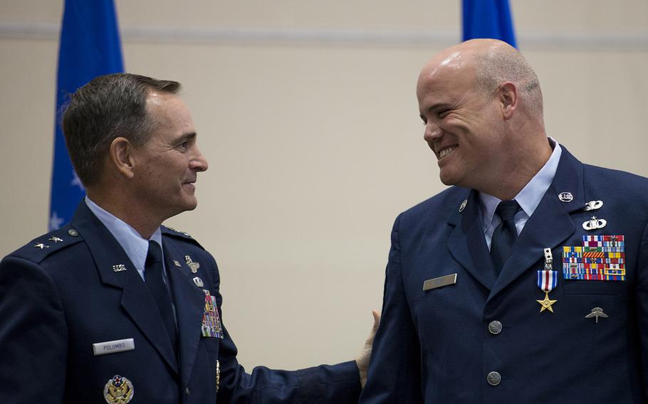 Maj. Gen. Harry Polumbo, Ninth Air Force Commander, presented Master Sgt. Thomas Case, Tactical Air Control Party Airman, 18th Air Support Operations Group, with his second Silver Star medal, Nov. 13, 2014 at Pope Army Airfield, N.C. Case received the medal for gallantry in action during a 2009 deployment to Afghanistan. The Silver Star Medal is the U.S. militaryâ€™s third highest military decoration for valor. It is presented for gallantry in action against an enemy of the U.S.