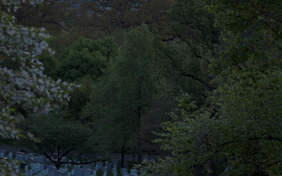 Pinks and yellows color the sky over Arlington National Cemetery on May 4, 2014. 