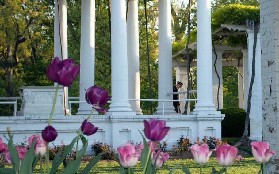 A servicemember walks through the Old Amphitheater at Arlington National Cemetery on May 4, 2014, shortly after the sunrises. 