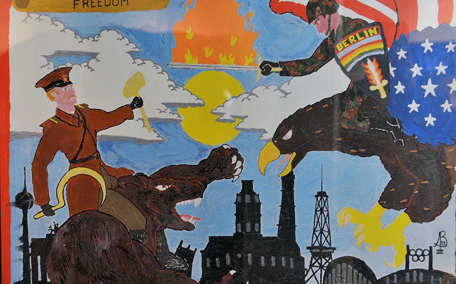 A painting on a door from Andrews Barracks in Berlin from around 1980 depicts a Berlin Brigade soldier on the back of Eagle facing off against a Soviet soldier riding on the back of a bear. The painting is on display at the Allied Museum in Berlin.
