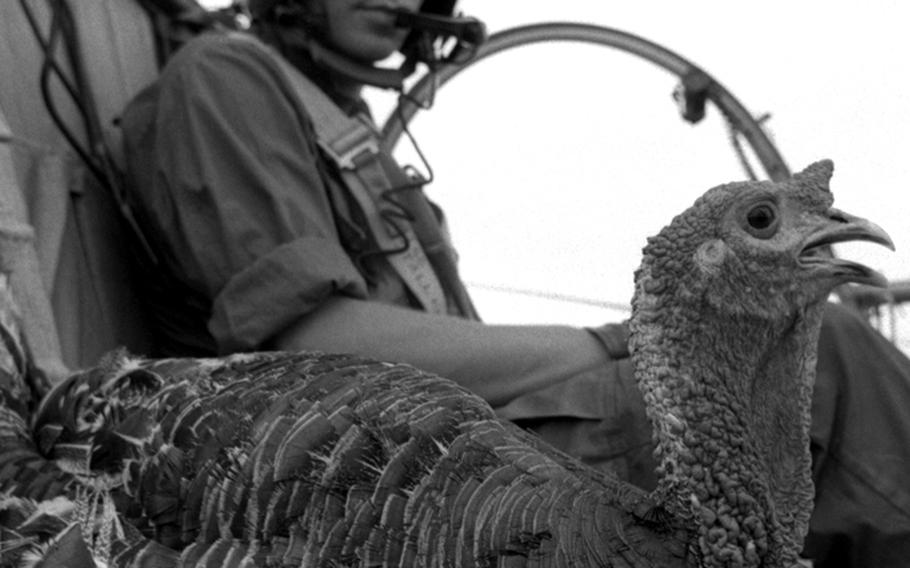 Thanksgiving dinner gets a helicopter ride to a U.S. base in South Vietnam in 1967.