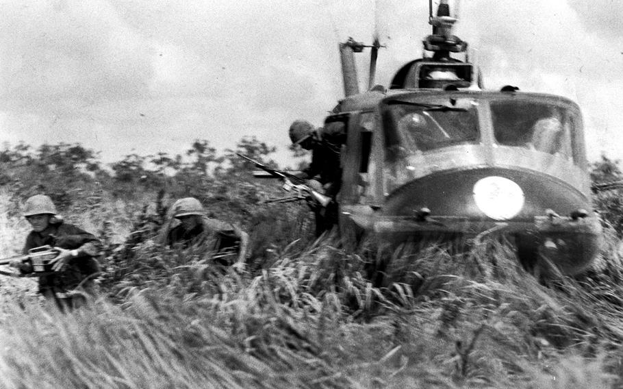 September, 1965: Soldiers from the 173rd Airborne Brigade's 1st Battalion leap from a helicopter during an Eagle Flight troop movement near the village of Plei Ya Bo. An Eagle Flight is a mission involving eight or more choppers, each carrying about nine infantrymen or Rangers.