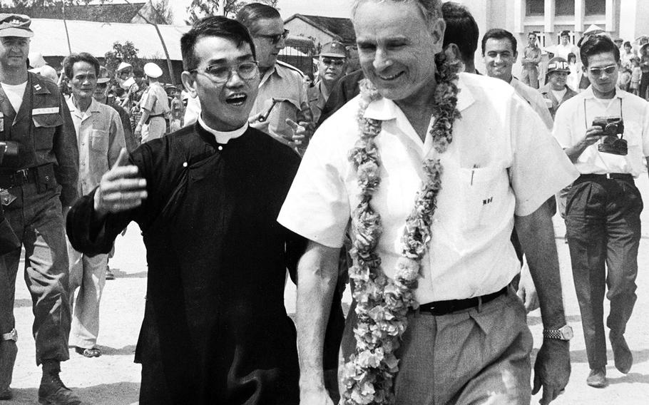 March, 1965: U.S. Ambassador to the Republic of Vietnam Maxwell D. Taylor chats with a Catholic priest as he tours a refugee center at Qui Nhon. Taylor, a World War II hero, served as chairman of the Joint Chiefs of Staff prior to his second retirement and appointment as ambassador. He was getting a firsthand look at the hardships faced by the 5,000 refugees who were forced to flee their villages by the Viet Cong.