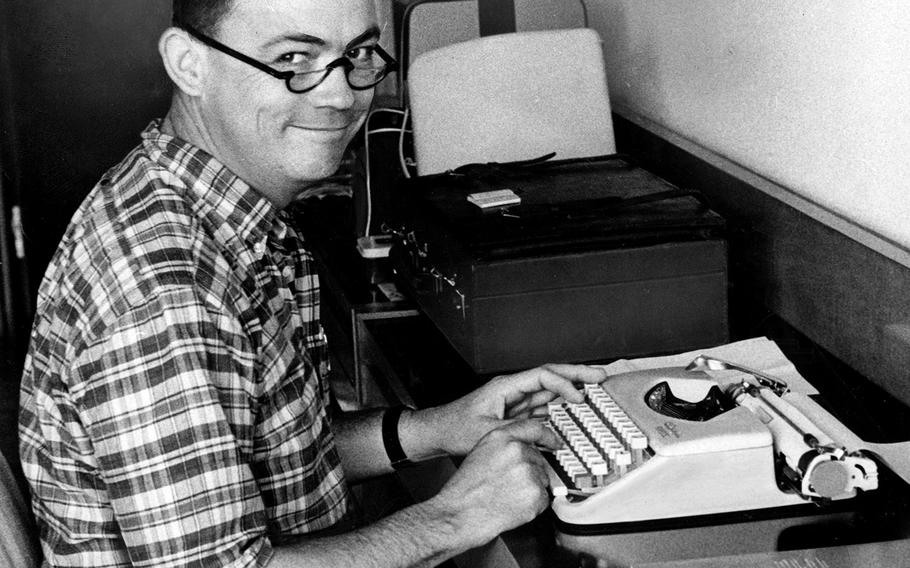 February, 1965: Bill Mauldin, who gained fame as a Stars and Stripes cartoonist during World War II, turns out copy in Saigon while covering his third war. Mauldin's reporting efforts for the Chicago Sun-Times placed him in the middle of a Viet Cong attack on the base at Pleiku, where he had also been visiting his son, Warrant Officer Bruce Mauldin.