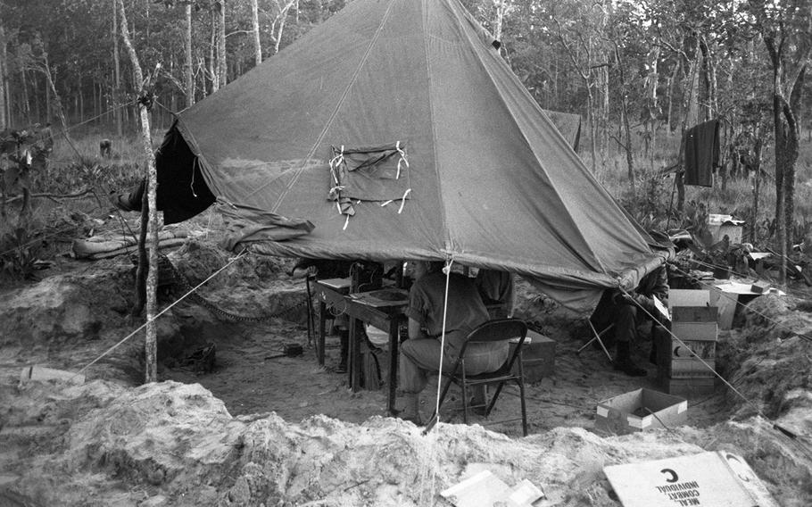 A 1st Battalion, 5th Cavalry, 1st Cavalry Division command post tent near Plei Me, Vietnam, in November, 1965.