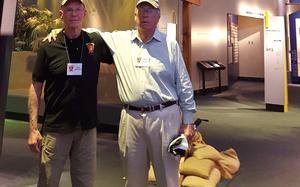 John Sullivan, left and Robert Lund, right, stand underneath the Huey gunship helicopter on display at the National Museum of the Marine Corps in Triangle, VA on Oct. 21, 2016 during the 50th reunion of their class at The Basic School. The two men served in the same squadron in Vietnam, flying Hueys, including the one hanging at the museum.
Photo by Dianna Cahn