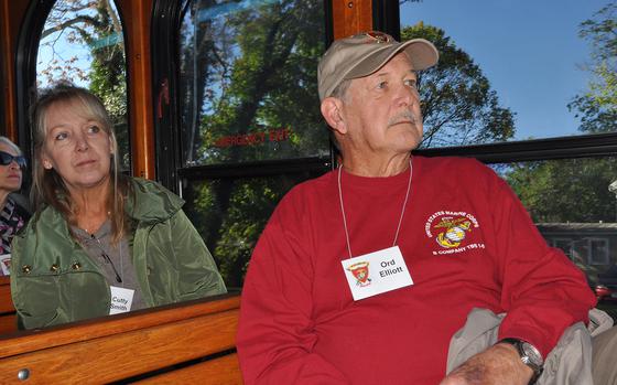Ord Elliot, right, and his partner Cutty Smith, left, participate in a bus tour of historic Fredericksburg, VA, on Oct. 22, 2016, during the 50th reunion of classmates who attended Marine Corps officer training at The Basic School in1966. Nearly all 184 graduates went off to fight in Vietnam.
Photo by Dianna Cahn