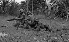 The marines launched another phase of Operation Prairie IV on May 13, 1967. On May 16, Alpha Company of the 1st Battalion, 9th Marines moved out on a platoon-sized sweep, supported by tanks.[td] Marines fight off an ambush. A claymore mine explosion minutes earlier cost the life of the platoon leader of Alpha Company. [cg]