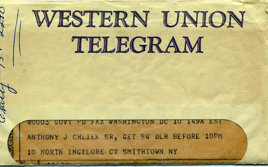 The Western Union telegram Tony Chliek's parents received with news of their son's injury in battle.