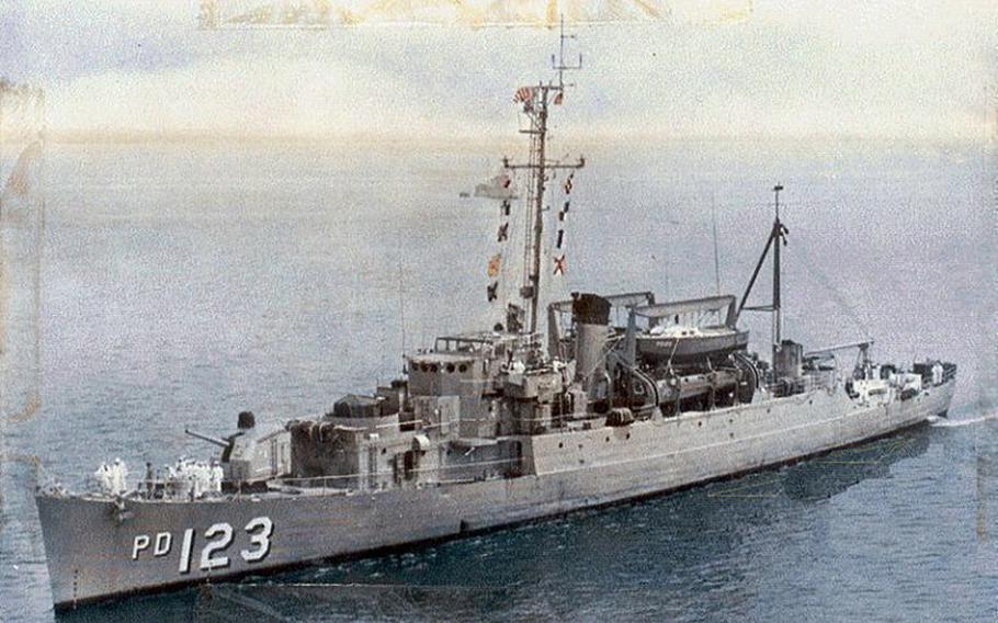USS Diachenko (APD-123) underway, location unknown, circa 1966-67.