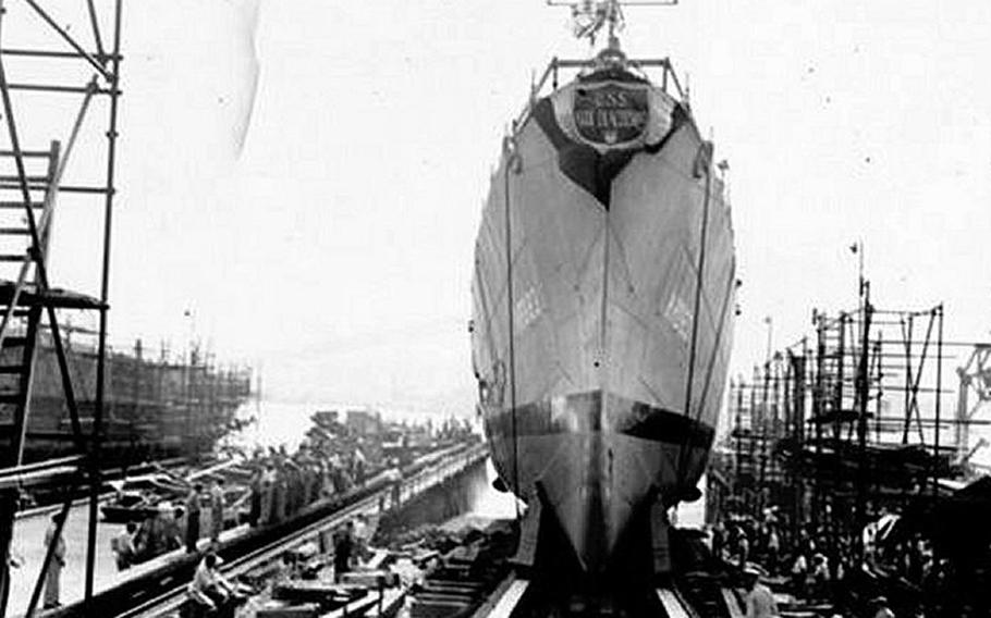 USS Diachenko (APD-123) sliding down the builders way after being Christened by Miss Mary Diachenko at Bethlehem Steel Co. Quincy, Mass., on Aug. 15, 1944.