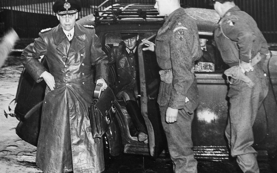 Adm. Hans-Georg von Friedeburg, the last commander of the German navy during World War II, arrives at the Supreme Headquarters Allied Expeditionary Forces headquarters in Reims,France, for the German surrender negotiations in 1945. 


