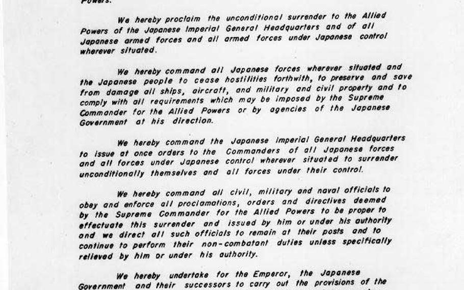 On Sept. 2, 1945, the Japanese representatives signed the official Instrument of Surrender, prepared by the War Department and approved by President Harry S. Truman. 
