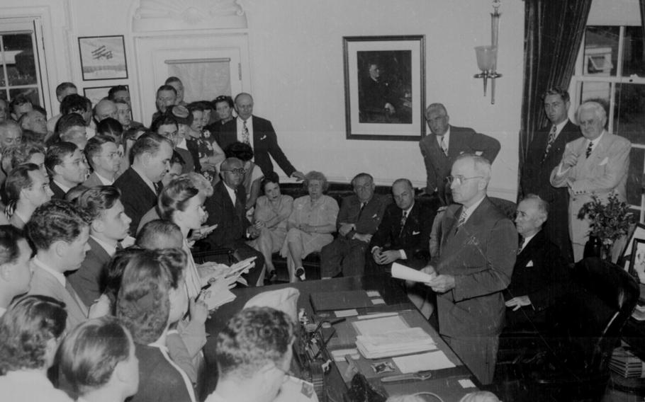 President Harry S. Truman announces Japan's surrender on Aug. 14, 1945, a little more than a week after an atomic bomb was dropped on Hiroshima. 
