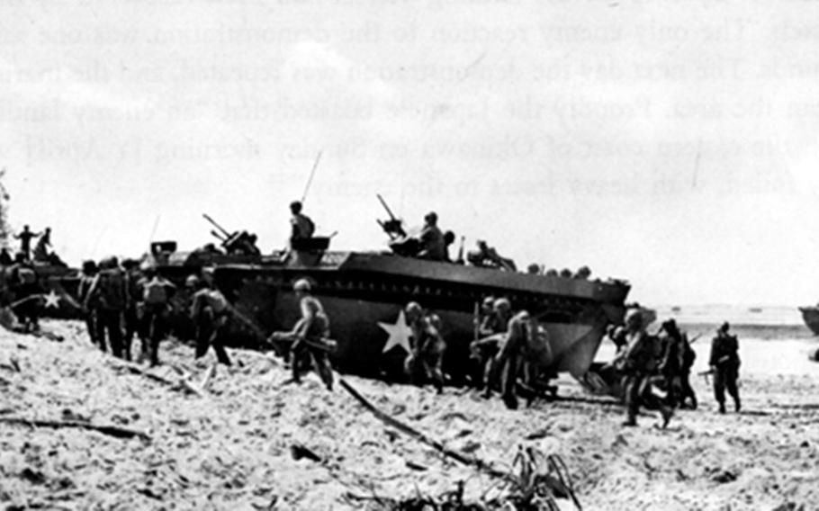 Soldiers and Marines stormed the beaches with the help of amphibian crafts as heavy support fire from Navy battleships blanketed the beaches with smoke and dust at the beginning of the Battle of Okinawa.