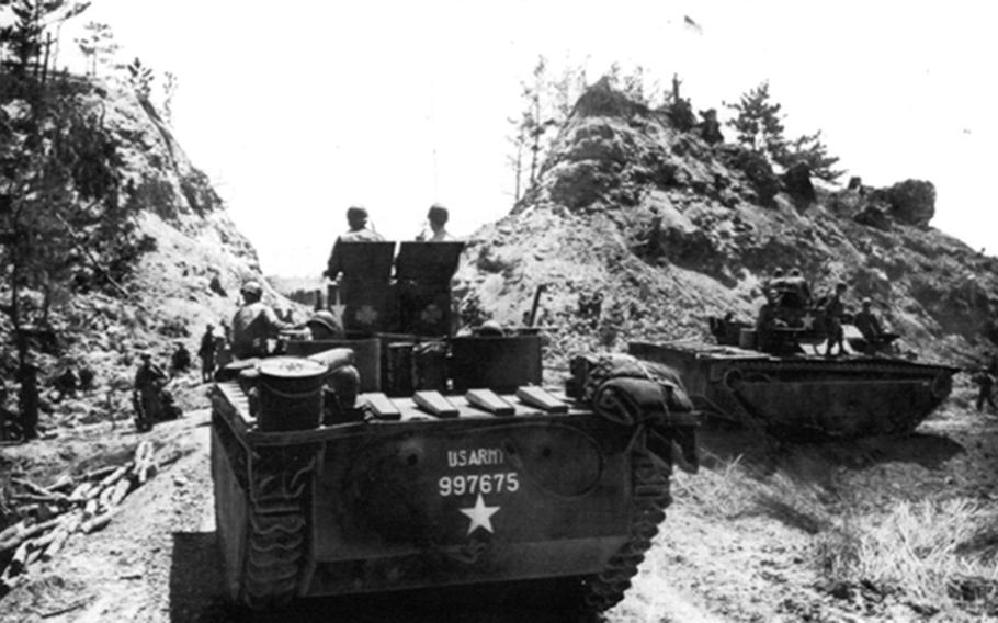 At the beginning of the invasion of Okinawa, U.S. Army troops met little or no opposition. As infantrymen from 96th Division infantrymen engaged in their first hill and cave fighting, other 96th Division troops, in amphibian tanks turned south toward Sunabe.