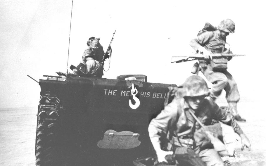 Marines hit Blue Beach 2 on April 1, 1945, during the first day of the Battle of Okinawa.