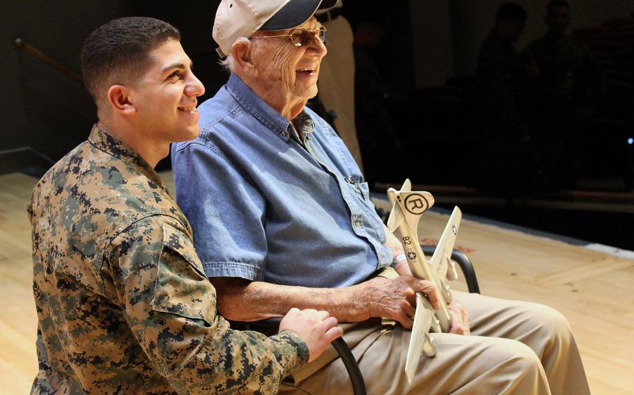 Raymond Biel poses with a Marine during a January 2015 visit to Marine Corps Recruit Depot San Diego.