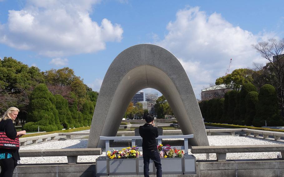 The cenotaph for the A-bomb victims sits in the center of a 30-acre Hiroshima Peace Memorial Park, the ground-zero site of the nuclear bombing 70 years ago. The stone chest in the center of the memorial holds the books that register all the names of those who died from the bombing. By 2009, Shigeaki Mori registered the names of 12 U.S. servicemembers to the official books.
